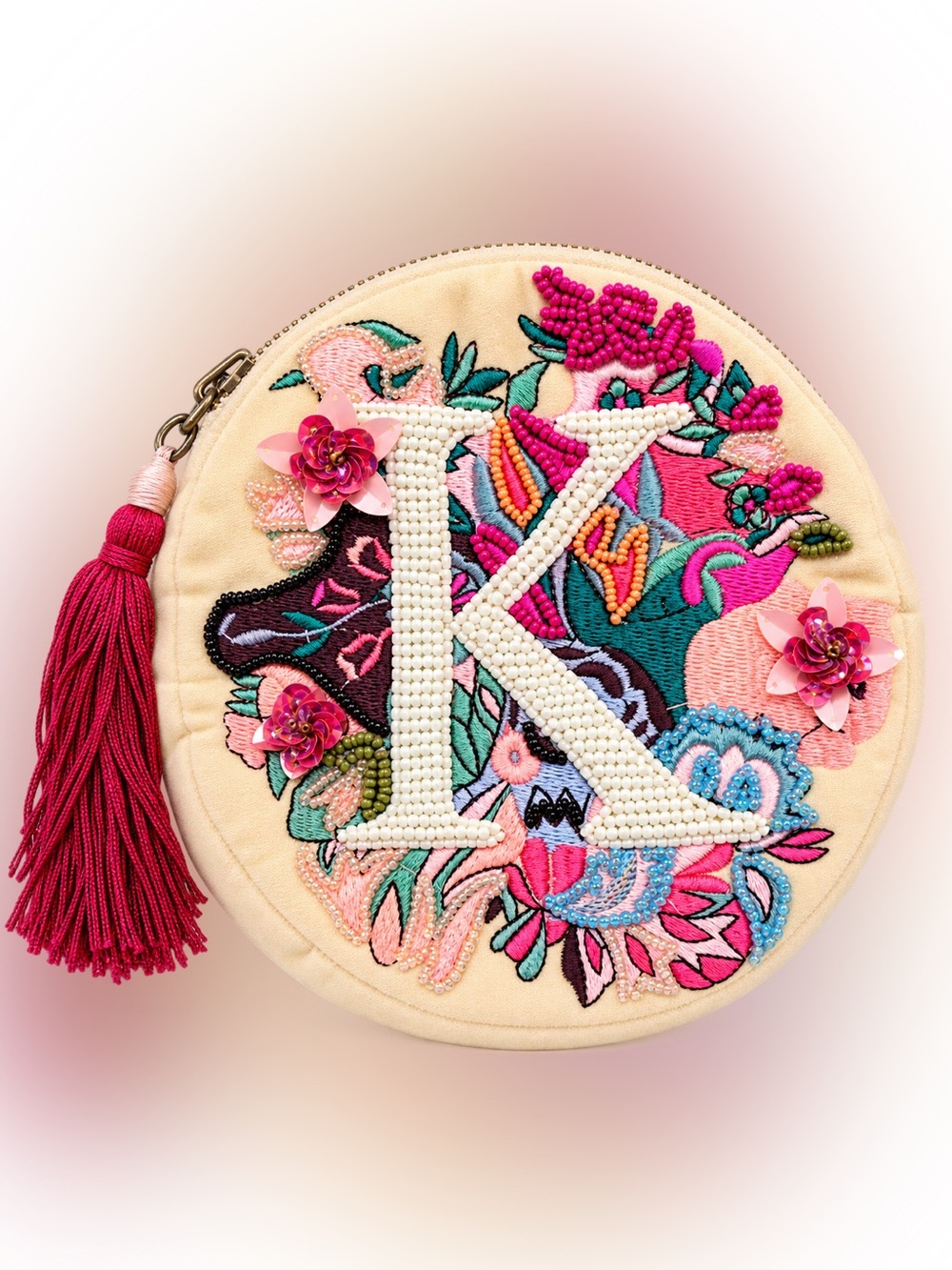 Anna Harlow Russo x Anthropologie Beaded Embroidered “K” Round Pouch Bag